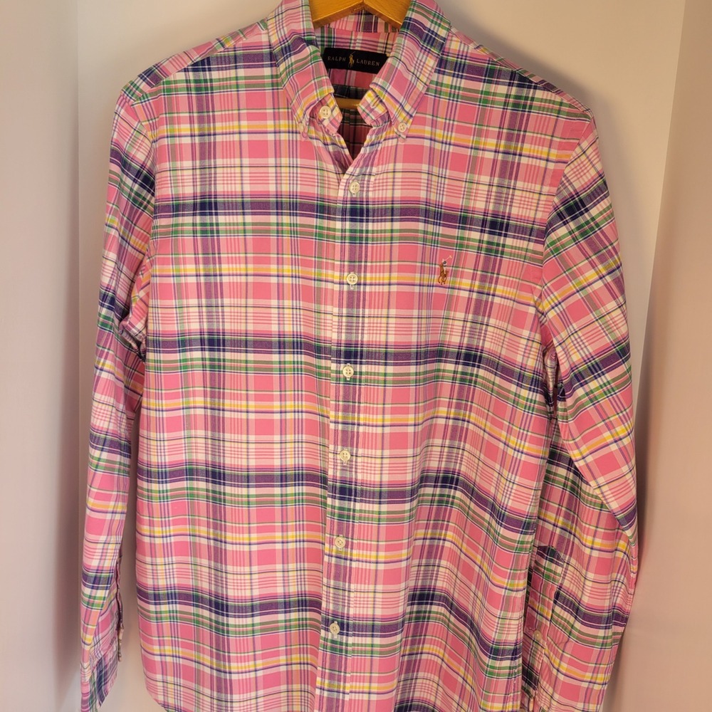 Ralph Lauren Mens Pink Plaid Button Down Shirt Long Sleeve Pony Logo L